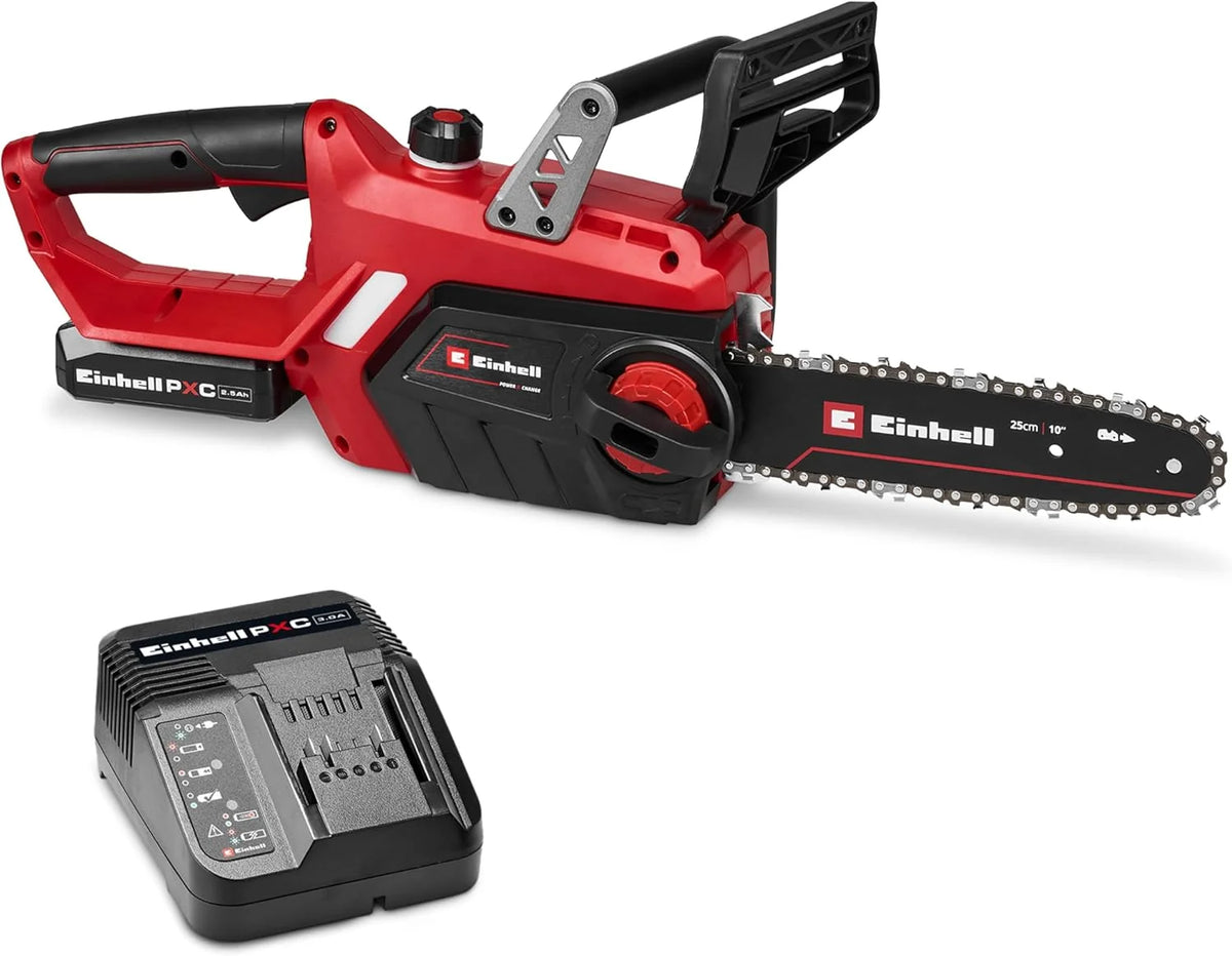 Einhell Akumulatorowa piła łańcuchowa GE-LC 18/25-1 Li Kit (1 x 2,5 Ah), PXC (18 V, długość cięcia 23 cm, prędkość łańcucha 4,5 m/s, automatyczne smarowanie, z akumulatorem i ładowarką)