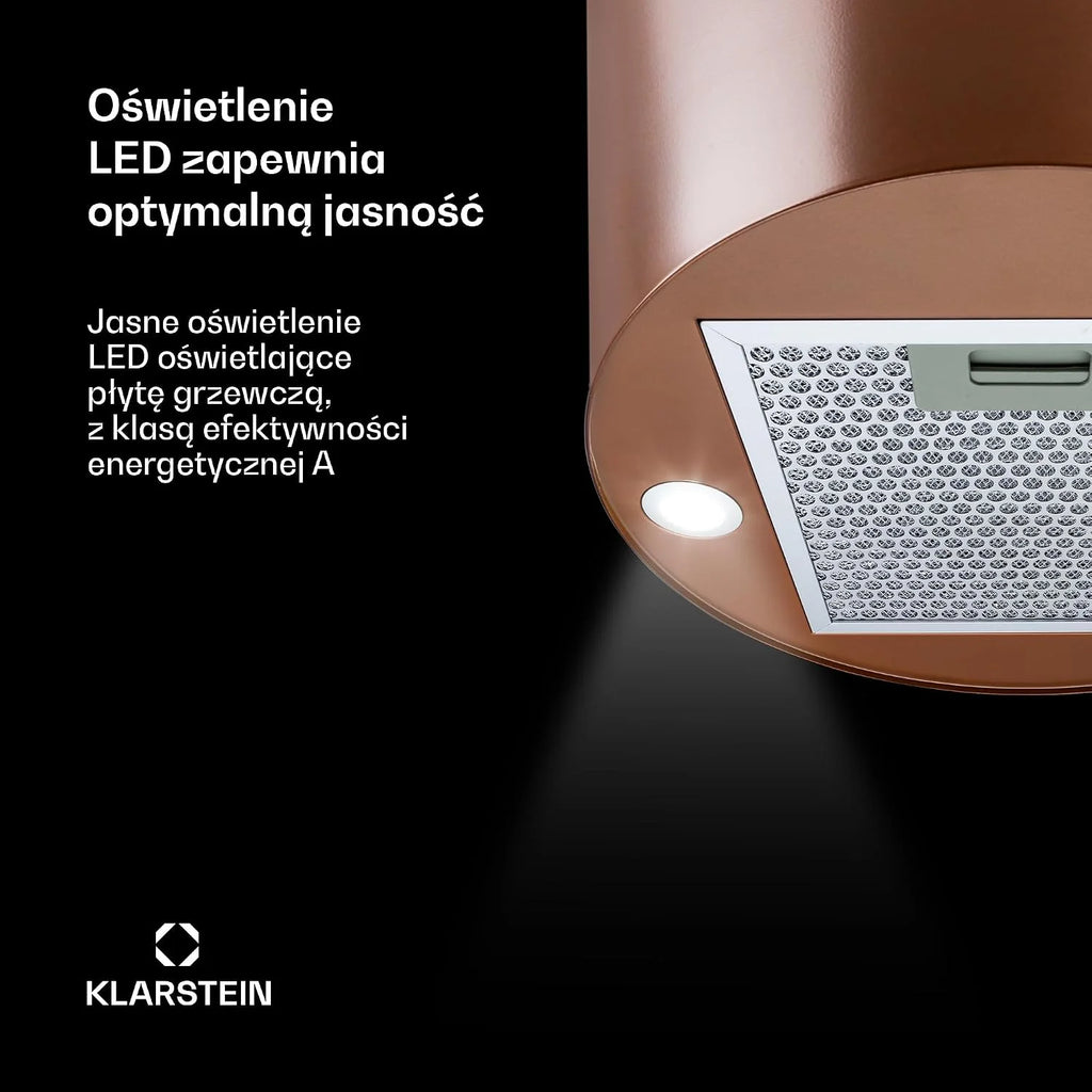 Klarstein Beretta Cooker Hood - Okap wyspowy, pokrywa 35 cm (Ø) / 60 cm, powietrze odprowadzane/recyrkulowane, 650 m³/h, z filtrami z węglem aktywnym, klasa efektywności energetycznej C - miedź