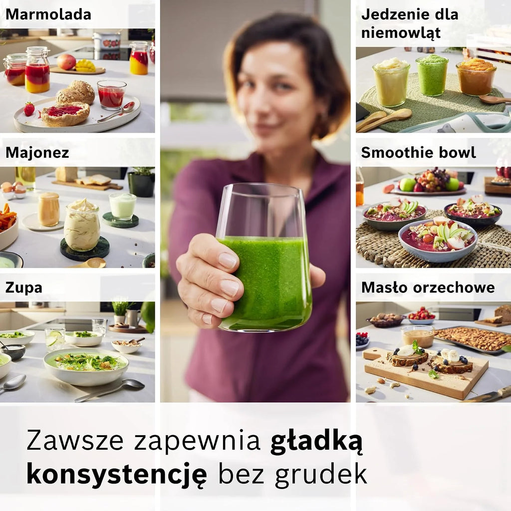 Bosch, blender ręczny, ErgoMaster Serie 8, silnik 1500 W, intuicyjna regulacja prędkości, 6-ramienne ostrze, akcesoria w zestawie, stal nierdzewna, MSM8M934