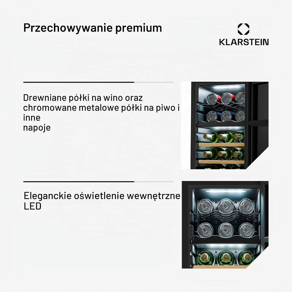 Klarstein Energooszczędna chłodziarka do wina na 18 butelek, wolnostojąca z 2 strefami chłodzenia - praktyczna lodówka na napoje i chłodziarka do wina do optymalnie schłodzonych napojów