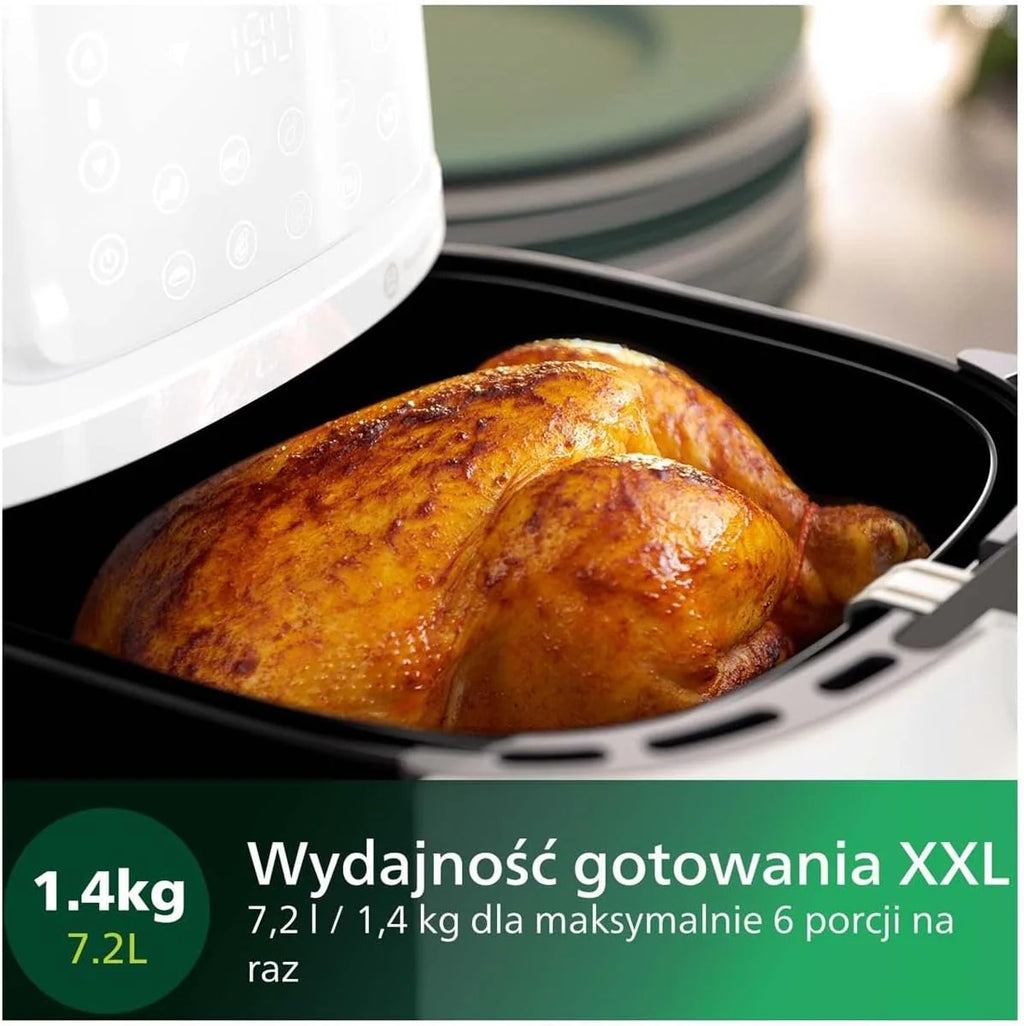 Philips Frytkownica beztłuszczowa Ovi XXL z serii 5000, 7,2 l (1,4 kg) - 6 porcji, 16 w 1, połączenie Wi-Fi, 90% mniej tłuszczu dzięki technologii Rapid Air, aplikacja HomeID. Biała (HD9285/00)