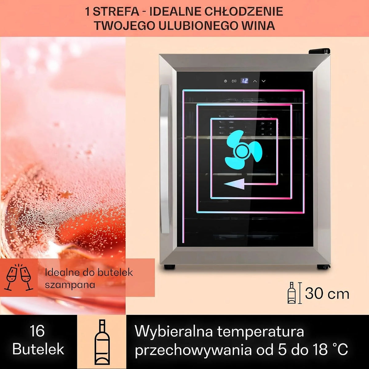 Klarstein Chłodziarka do wina, Wąska lodówka na napoje, lodówka ze szklanymi drzwiami, Wolnostojące chłodziarki, Mała chłodziarka do wina, 1 strefa, Ochrona UV, 5-18 °C, 16 butelek