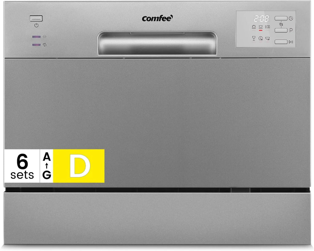 COMFEE Kompaktowa zmywarka CDWMT0602ESD-EU mini zmywarka z 6 sztućcami, 6 programów, klasa D, wyświetlacz LED, opóźniony start, intensywny cykl H-TEMP do 70°C, poziom hałasu 47 dB - srebrna