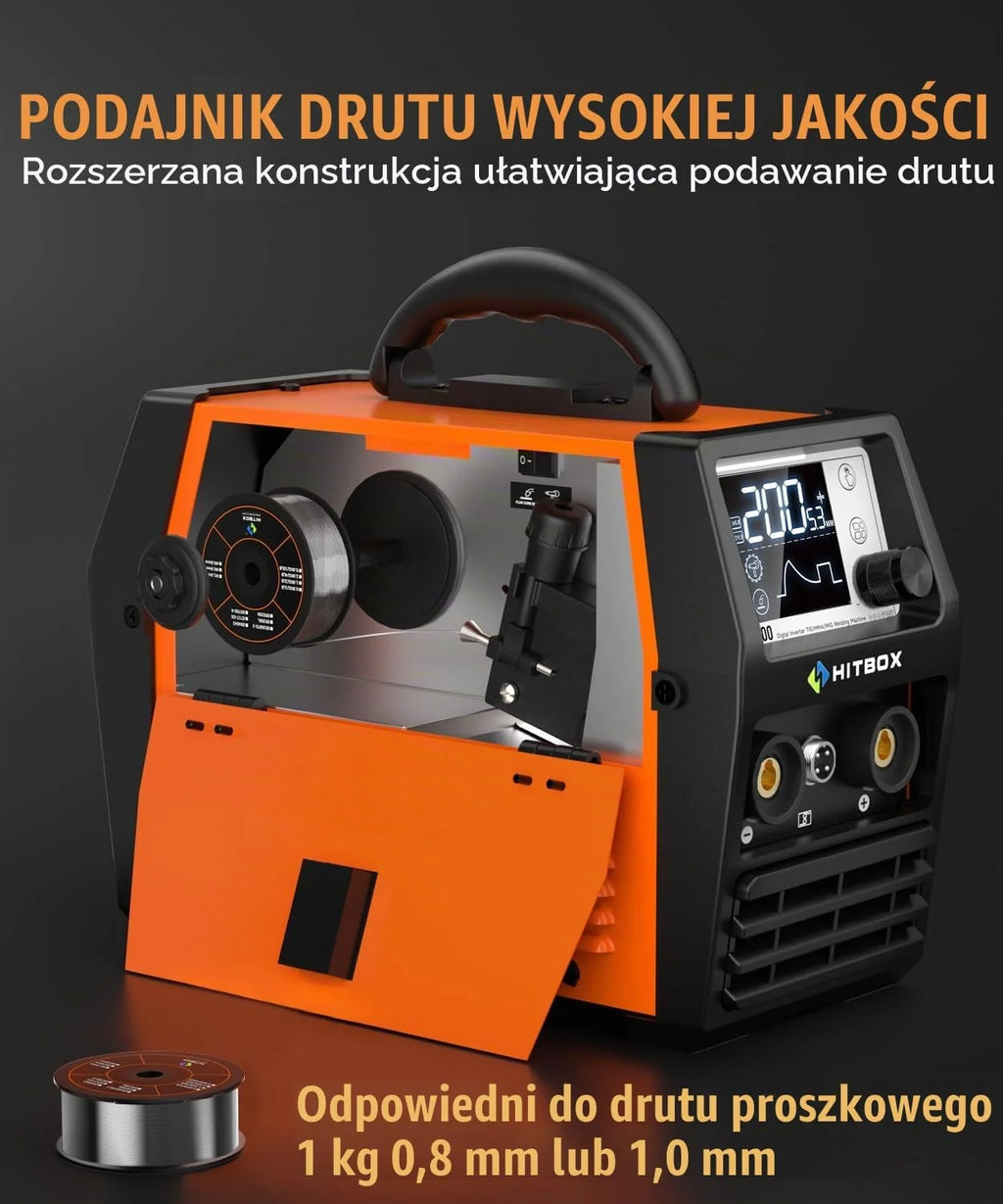 HITBOX Spawarka Bezgazowa 200A 4‑w‑1 MIG/ARC/MMA/Lift WIG, 230V