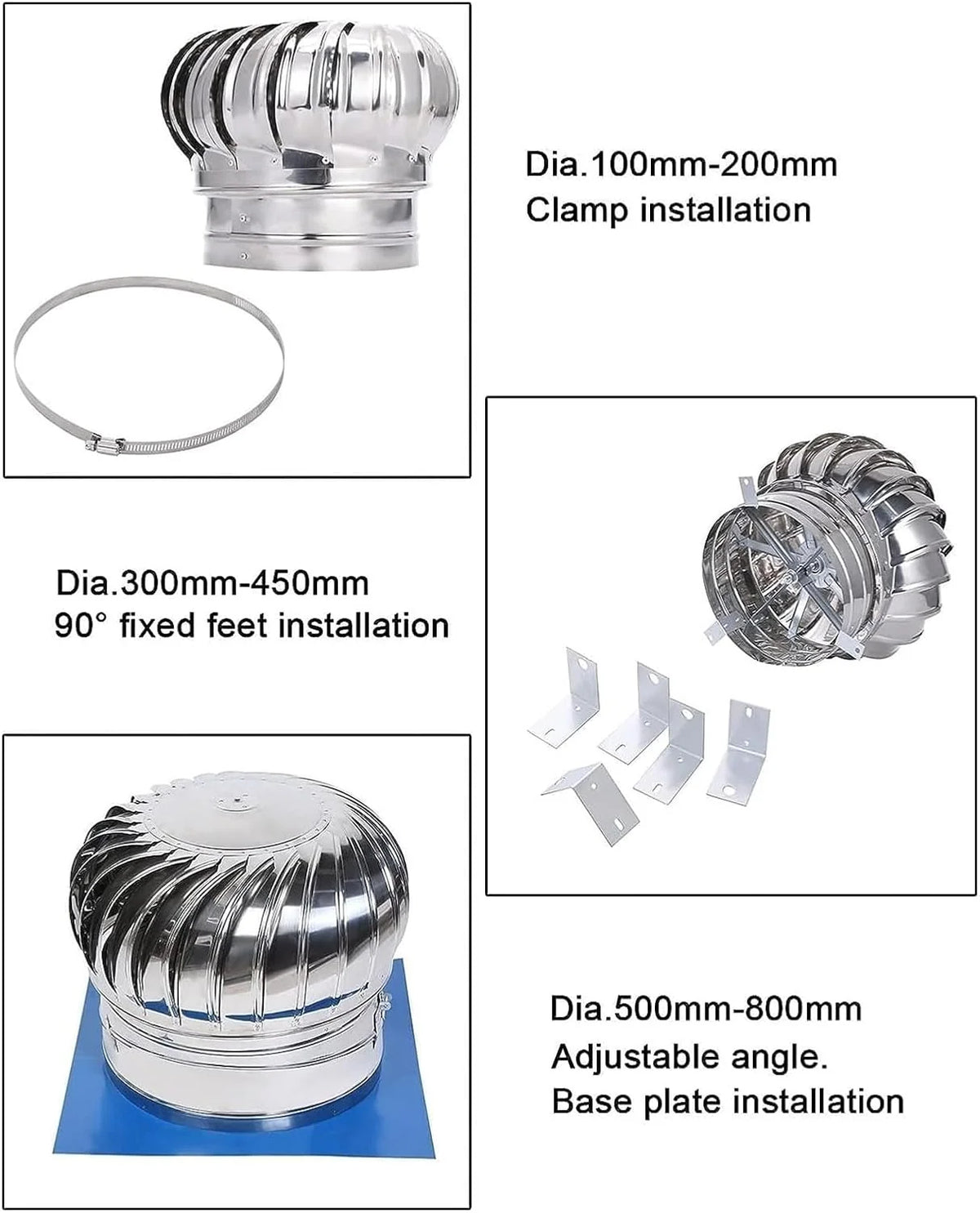 Wentylator kominkowy ze stali nierdzewnej z kulką, niezmotoryzowany wentylator dachowy, wentylator przeciwdeszczowy, wyciągowy kominek, 100 mm / 3,9 cala - 100 mm