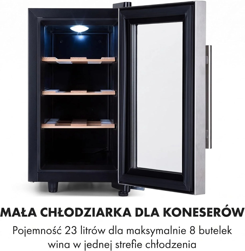 Klarstein Chłodziarka do wina, Wąska lodówka na napoje, 1 strefa, lodówka ze szklanymi drzwiami, Zewnętrzne lodówki wolnostojące, Mała chłodziarka do wina, z ochroną UV, 11-18°C, 6 butelek