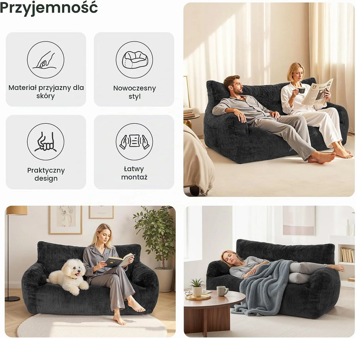 Pamapic Puf dla dorosłych z wypełnieniem, podwójny fotel wypoczynkowy z przenośnym uchwytem, ergonomiczny, nowoczesny, puf do użytku wewnątrz do salonu, sypialni, pokoju zabaw, czarny