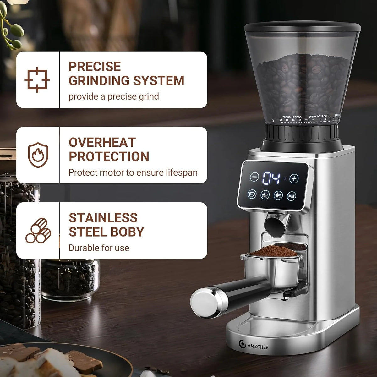 AMZCHEF Elektryczny młynek do kawy ze zdejmowanym uchwytem na sitko i pojemnik, młynek do kawy, z 24 stopniami mielenia, regulowany do espresso/Drip/Pour Over/Cold Brew/French Press