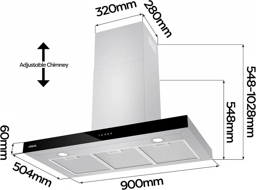 CIARRA CBCS9102 okap kuchenny 90 cm 650 m³/h - wydajność klasy A++ - 4 prędkości - funkcja Boost - cichy okap kuchenny - sterowanie dotykowe - ściemnialna dioda LED - okap ścienny ze stali nierdzewnej