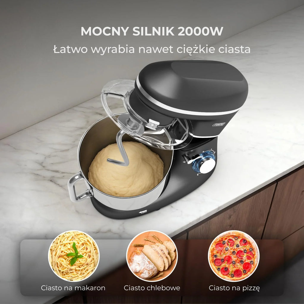 Robot kuchenny - 2000 W - miska do mieszania ze stali nierdzewnej (6,2 l) - mikser kuchenny z mieszania, hakiem do zagniatania, trzepaczką i ochroną przed pryskaniem - w zestawie