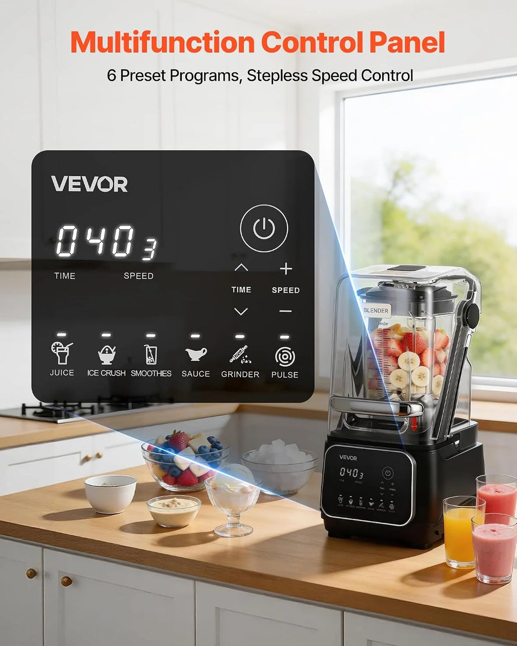 VEVOR Elektryczny blender stołowy do smoothie, 2 litry 2200 W prędkość 26000 obr./min, rozdrabniacz do soków owocowych, samooczyszczanie, 6 zaprogramowanych programów, czarny