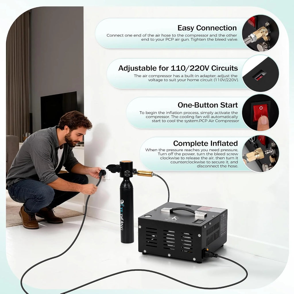 Sprężarka powietrza TUXING Pcp, 4500Psi 30Mpa, bezolejowa/wodna, zasilana samochodem 12 V DC lub domowym 220V AC z adapterem (w zestawie), pompa do wiatrówek i wiatrówek PCP (TXES061)