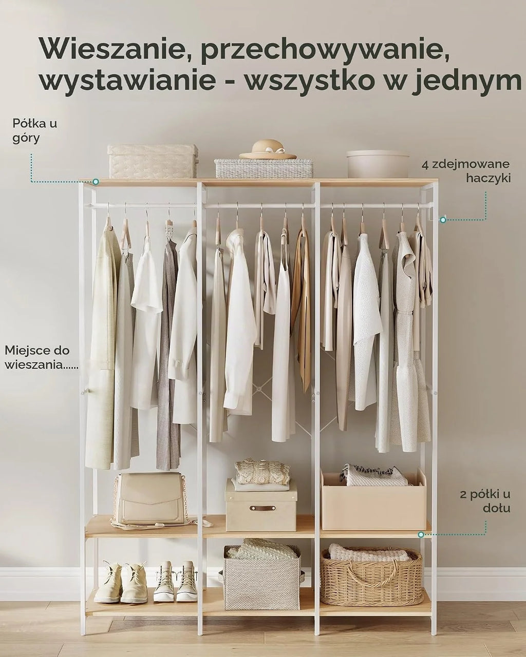 SONGMICS Otwarta szafa ubranie, wieszak do ubrań, z drążkiem, półki, zdejmowane haczyki, 40 x 141 x 180 cm, naturalny beż RGR005W67