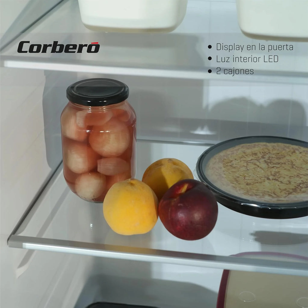 Corberó - Amerykańska lodówka | CFSBSH634NFW | 442L | 186 cm | No Frost | Inwerter | Wyświetlacz | Światło LED | 2 szuflady | Funkcja ECO | Półki szklane | Srebrny wykończenia | biały