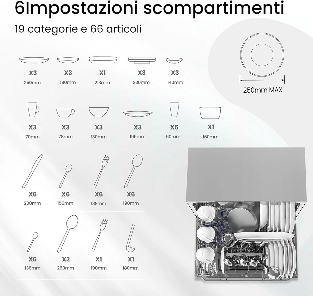 COMFEE' Kompaktowa zmywarka stołowa TD602E-S mini zmywarka z 6 pokrywkami, 6 programami, wyświetlaczem LED, opóźnionym startem i funkcją mycia w godzinach poza końcówką - srebrna