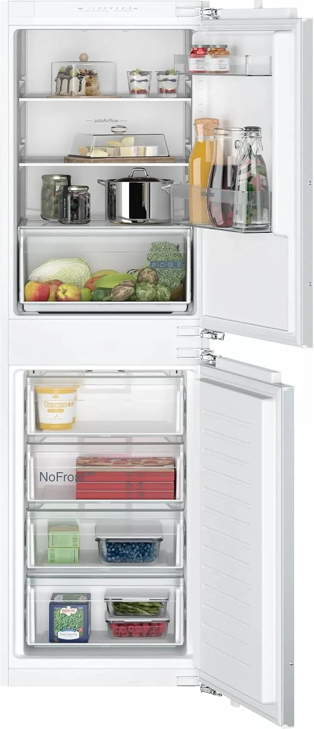 Siemens KI85NNFE0 iQ100 lodówko-zamrażarka do zabudowy, 177,2 x 54,1 cm, chłodzenie 150 l + zamrażanie 99 l, noFrost, autoAirflow – równomierne chłodzenie na wszystkich poziomach, światło LED
