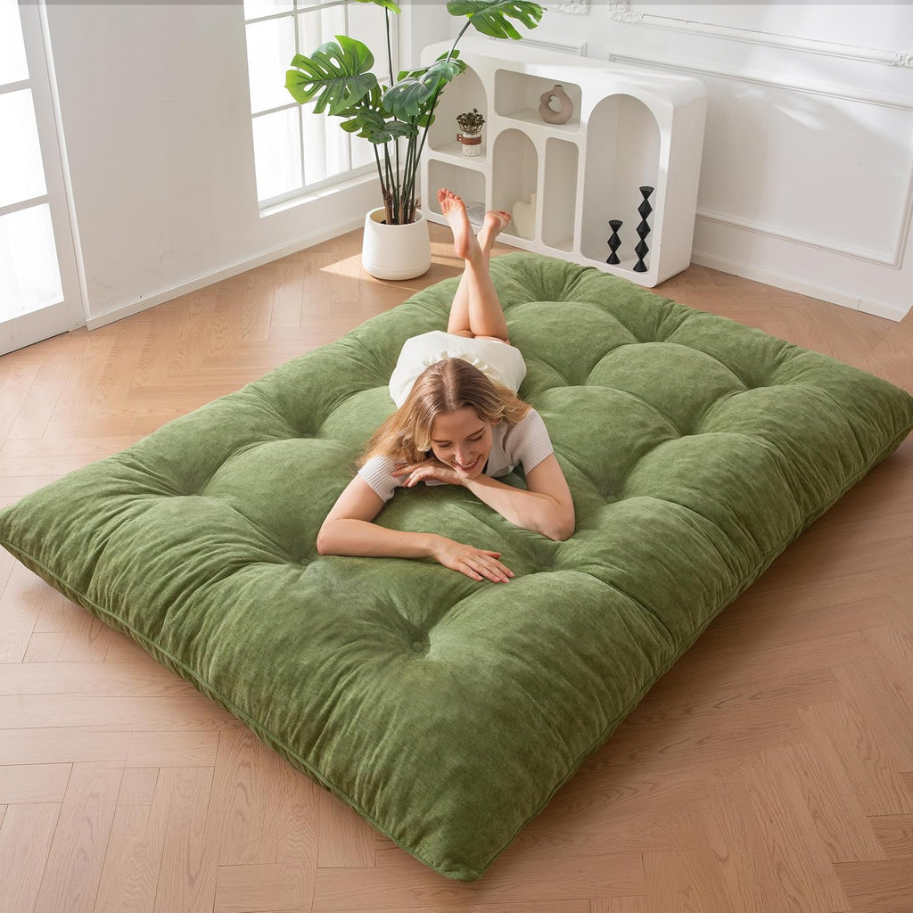 MAXYOYO materac futon, tkanina szenilowa, 15 cm grubości, składany materac futon do kanapy wypełniony strzępioną pianką, szyty guzikiem, praktyczna składana mata podłogowa (bez ramy)