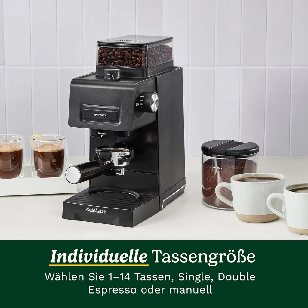 Cuisinart stożkowy młynek do kawy do espresso i kawy; 35 ustawień; zbiornik na ziarna 225 g z silikonową pokrywą; kompatybilny z portafiltrem; w zestawie łyżka i szczotka do czyszczenia