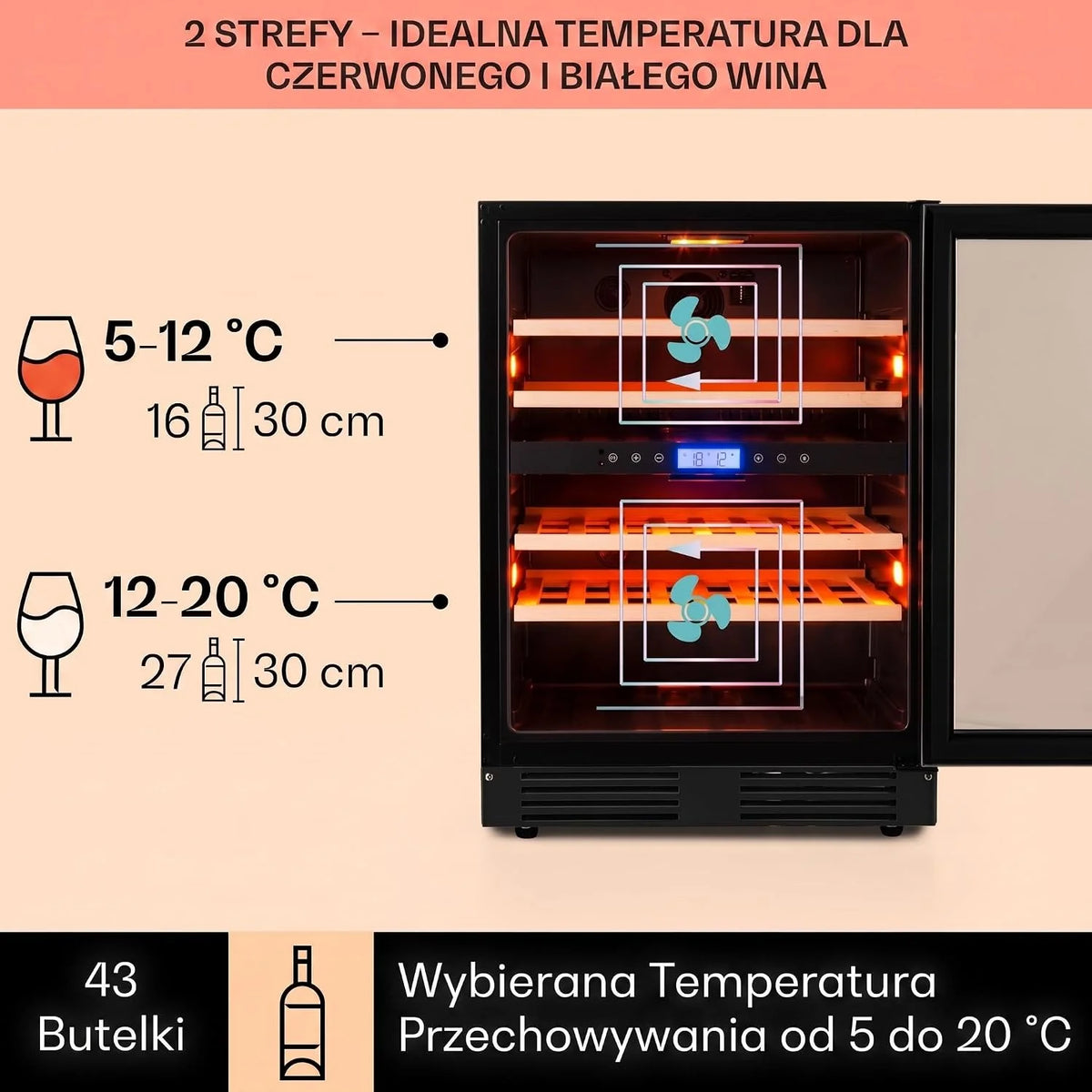 Klarstein Vinovilla chłodziarka do wina do zabudowy, dwustrefowa winiarka ze szklanymi drzwiami, 129 l, 4 wyjmowane drewniane półki, oświetlenie LED w 3 kolorach, cichy silnik 44 dB, 43 butelki