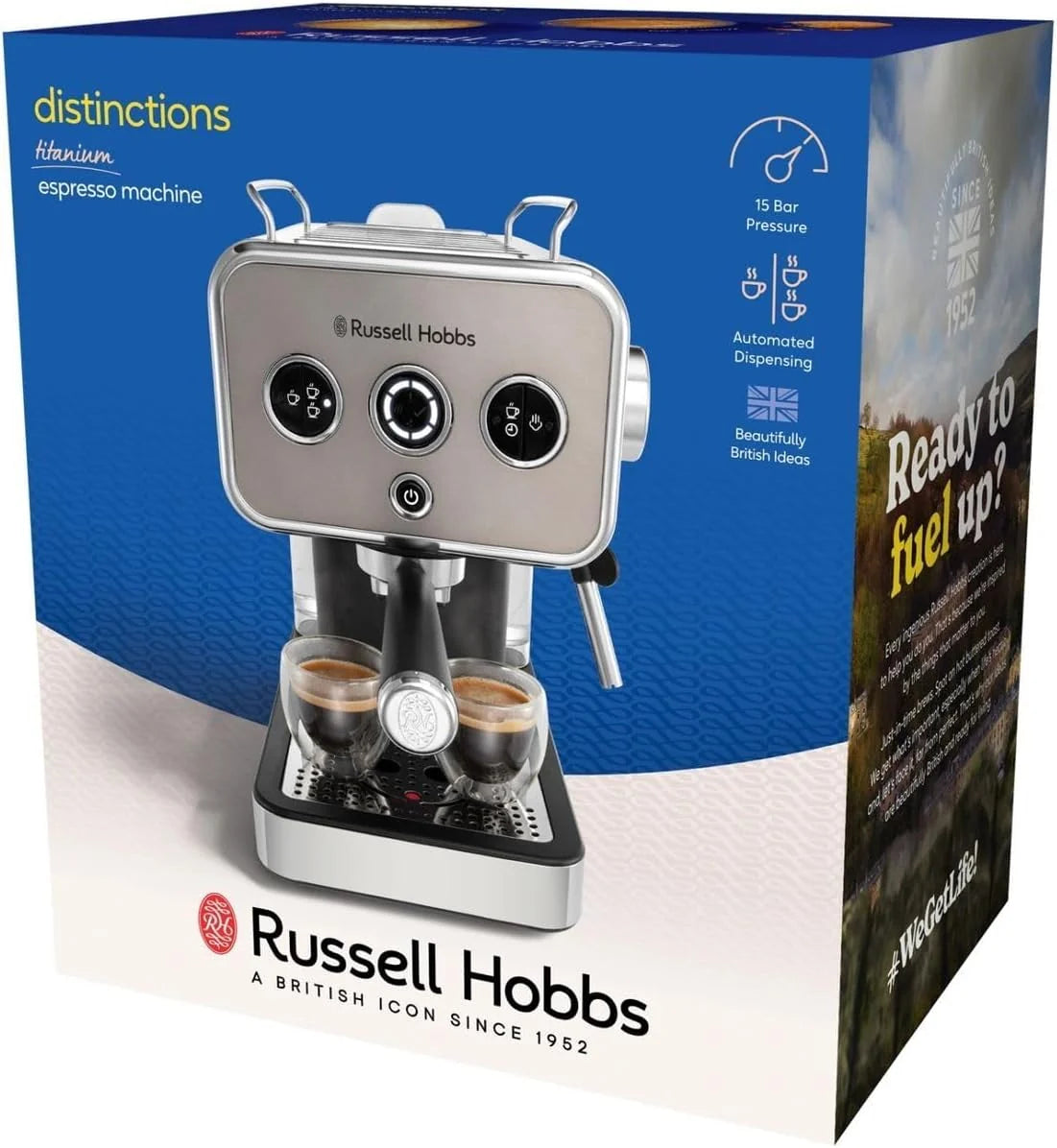 Russell Hobbs ekspres do kawy, ciśnieniowy, 15 bar, dysza do podgrzewania/spieniania mleka, podgrzewacz do filiżanek, wskaźnik LED, szczotkowana stal nierdzewna, titanium, 1350W, Distinctions 26452-56