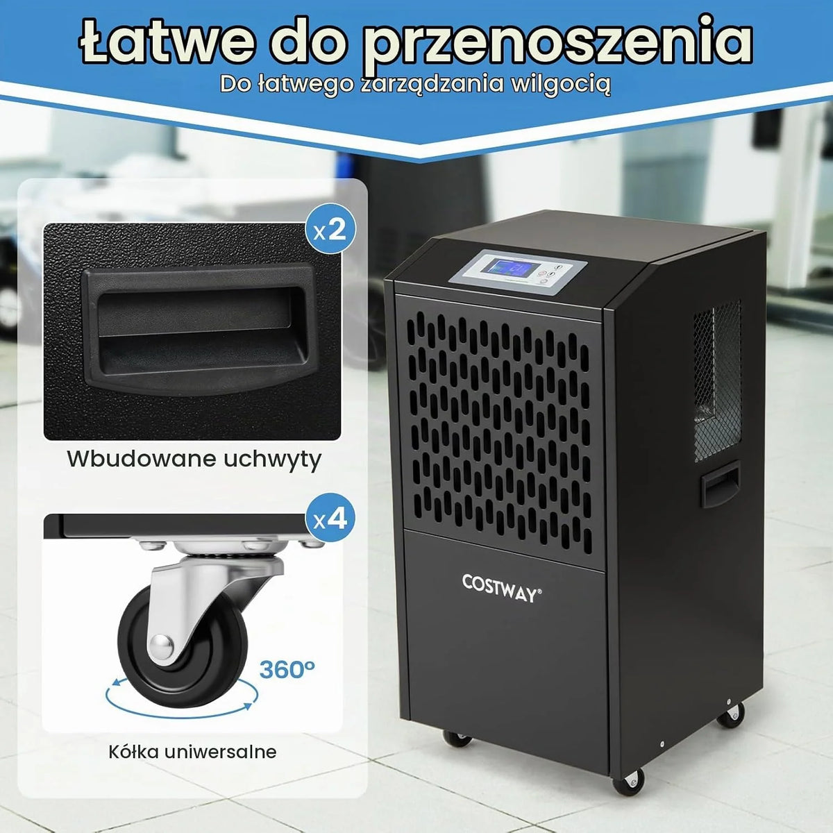 COSTWAY Suszarka budowlana 118 l/dzień, komercyjny osuszacz powietrza z wężem odpływowym, timer 24 h i 4 kółka, osuszacz przemysłowy do piwnicy, magazynu, placu budowy i pomieszczeń do 790 m²