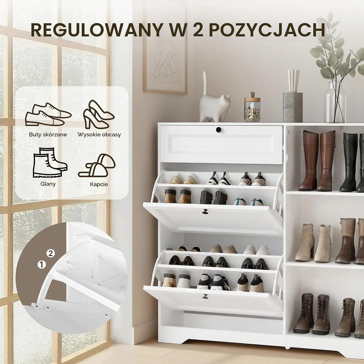 Xbro Szafka na buty z szufladą, 2 klapami i drzwiami, wąska szafka uchylna, regał na buty na 20–25 par butów, z regulowanymi ściankami działowymi, do przedpokoju i wejścia, 100 x 29,7 x 104 cm, biała
