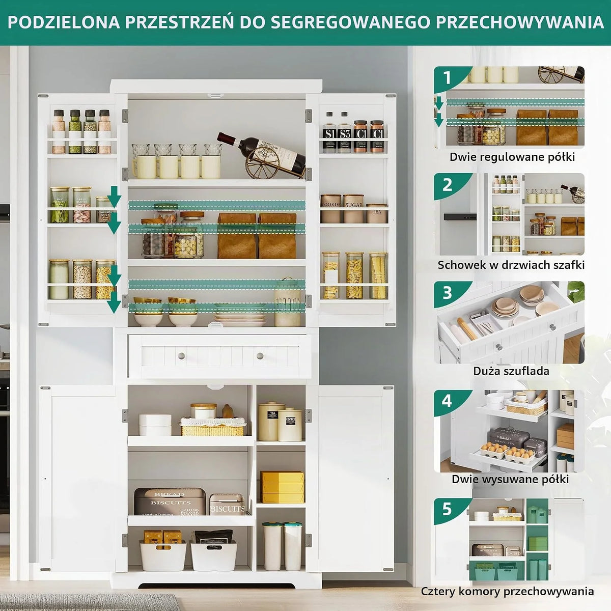 YITAHOME Szafka kuchenna 182,5 cm wysoka szafka do przechowywania, kredens kuchenny z ruchomą półką, biały kredens wolnostojący 70 x 40 x 182,5 cm