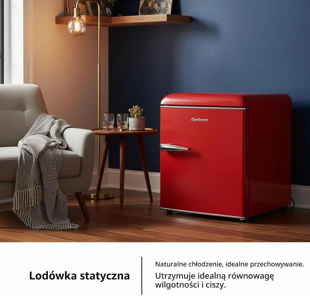 Corberó - lodówka retro statyczna | CF1PG45RR | 45L | 55 cm | oświetlenie wewnętrzne | nogi poziomujące | czerwony