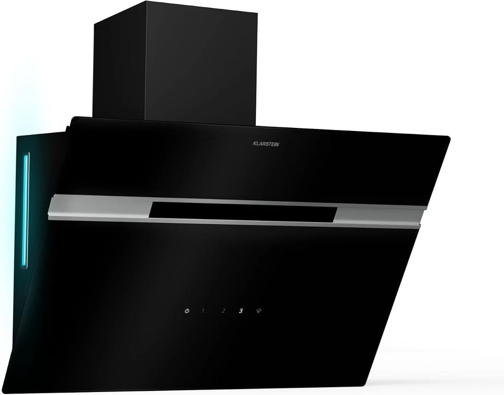 Klarstein Alina Okap kuchenny skośny – 60 cm, przepływ 600 m³/h, panel dotykowy, podświetlenie LED, cichy 68 dB, klasa energetyczna A, czarny, tryb wyciągu i recyrkulacji