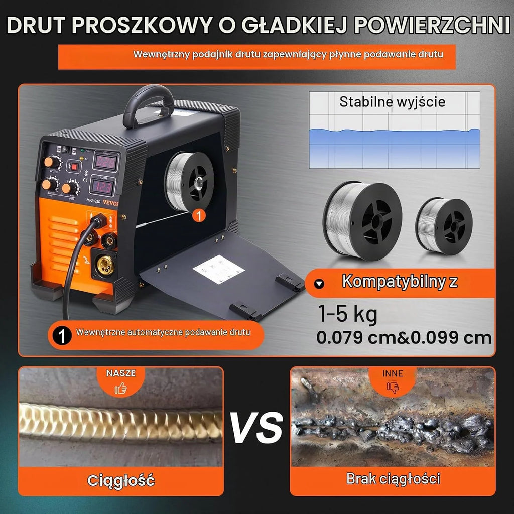 VEVOR Spawarka MIG/MMA/TIG 3 w 1 50–250 A, spawanie drutem wypełniającym (0,8 mm i 1 mm), technologia IGBT 2,2-12 m/min, prędkość drutu 5,6 kVA, znamionowa moc wejściowa, stopień ochrony IP21S
