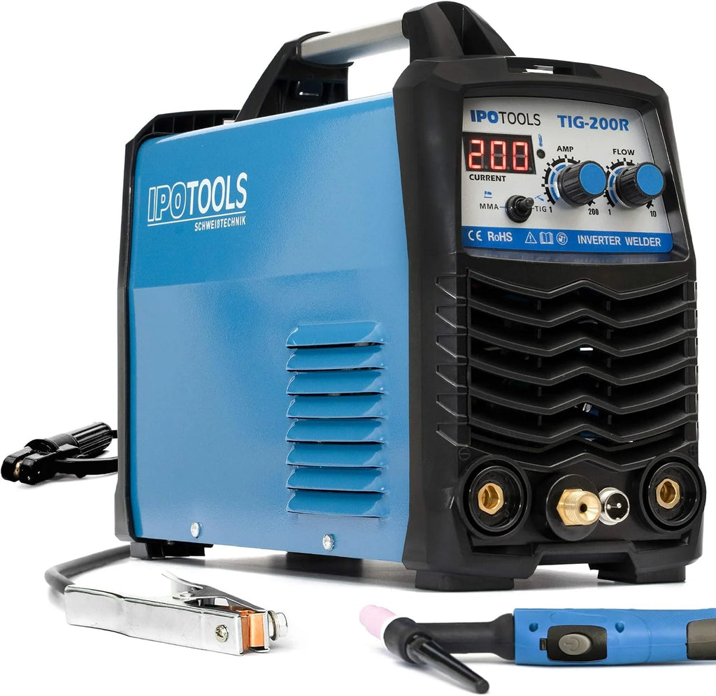 IPOTOOLS TIG-200R spawarka TIG WIG DC – spawarka TIG WIG 200 A, w pełni cyfrowa spawarka inwertorowa z cyfrowym wyświetlaczem LCD, zapłon HF, MMA E-Hand IGBT