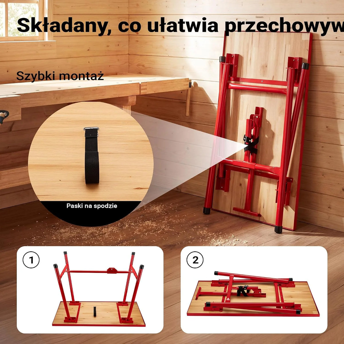 Wiltec Stół warsztatowy składany 120 x 62,5 x 83 cm, stelaż czerwony, przenośne stanowisko do pracy do 300 kg nośności