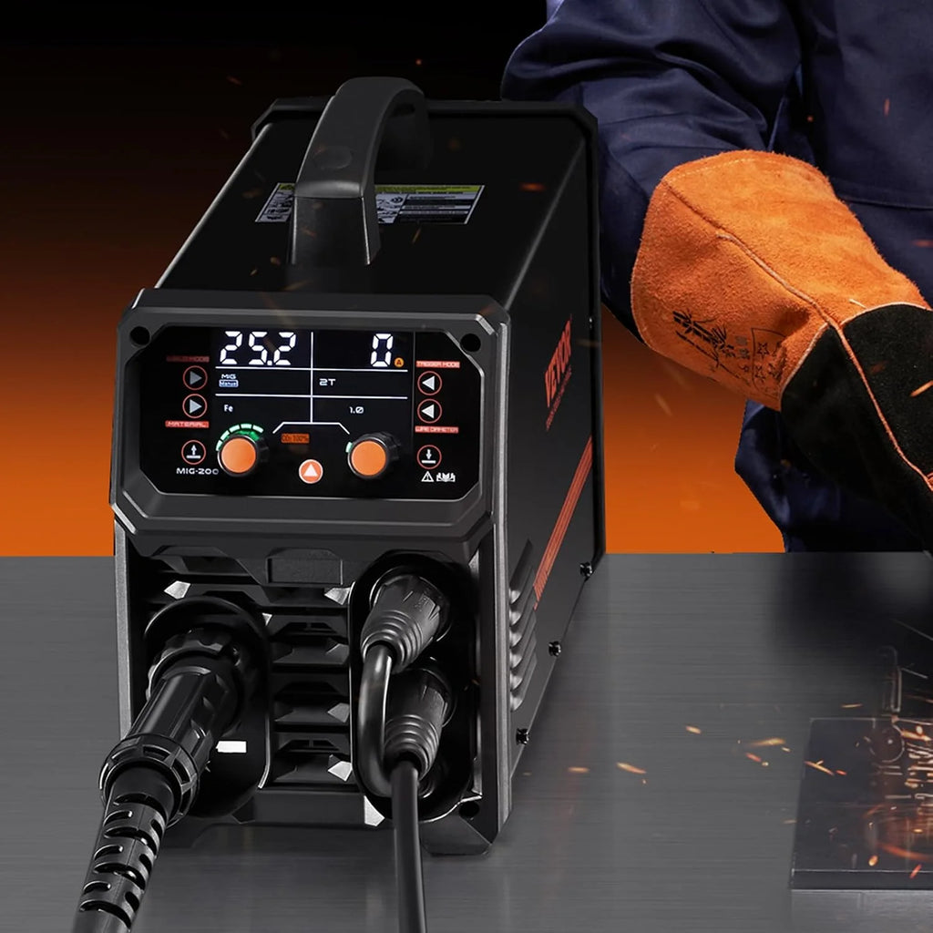 VEVOR Spawarka MIG, 200 A, spawarka synergiczna, przenośna spawarka wieloprocesowa MIG bezgazowa MMA Lift TIG 4 w 1, wydajny spawacz z technologią inwertera IGBT, wyświetlacz LCD