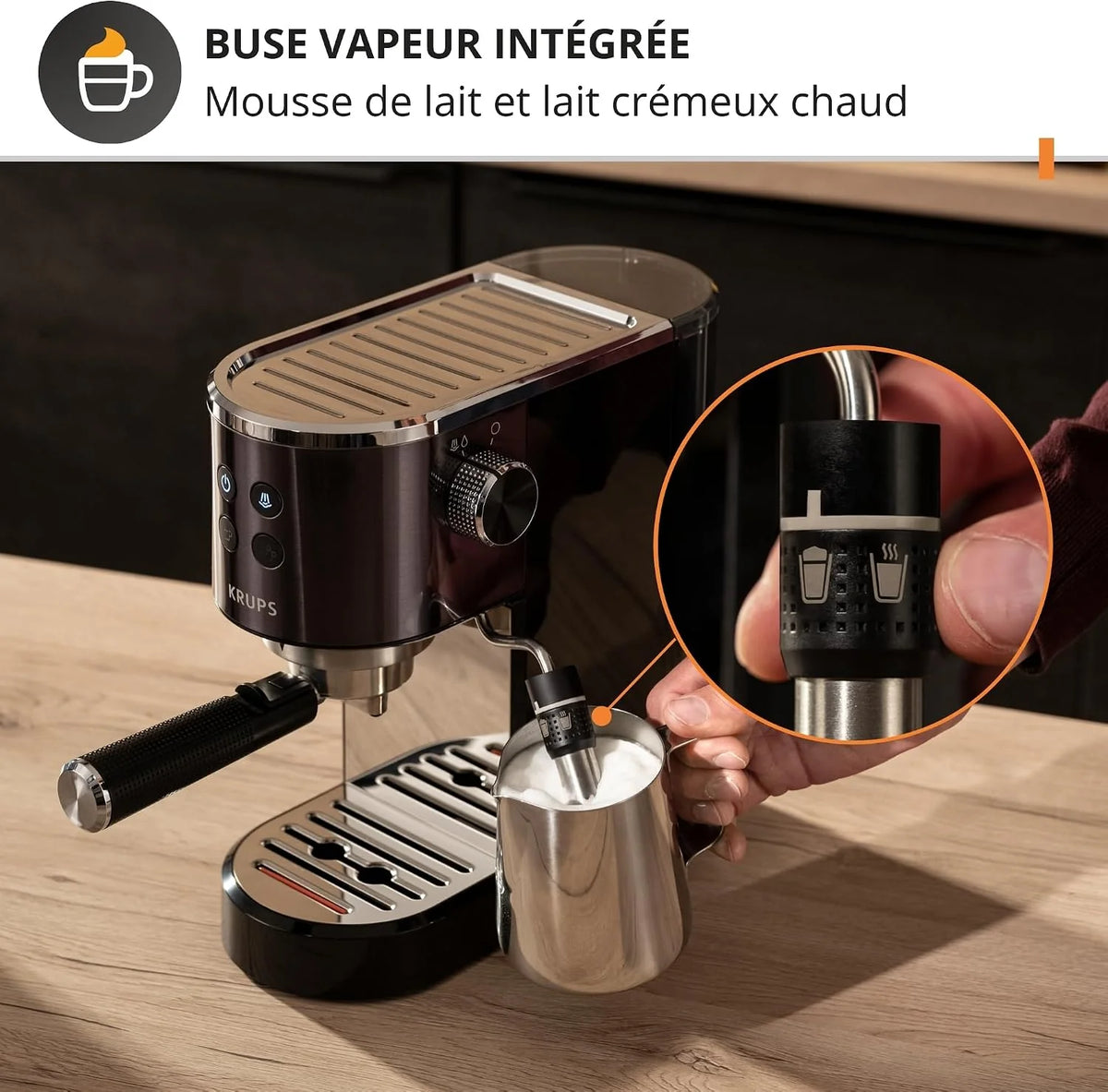 Krups XP444G Virtuoso+ ekspres do espresso | ciśnienie pompy 15 bar | 3 filtry kremowe | dysza pary ze stali nierdzewnej | intuicyjny panel sterowania | pokrętło | w zestawie łyżeczka dozująca/ubijak