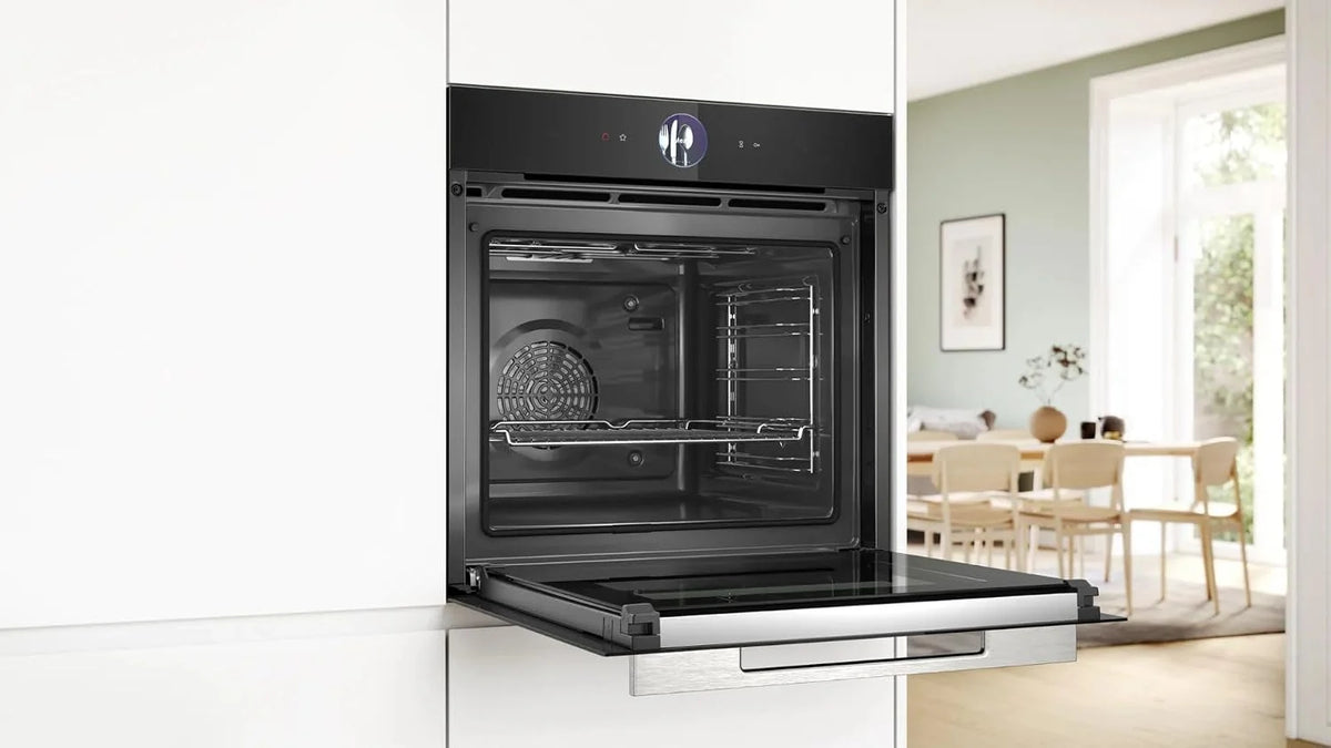 Bosch Hausgeräte HRG7764B1 seria 8 inteligentny piekarnik do zabudowy z funkcją wspomagania pary, 60 x 60 cm, zbiornik na wodę 1 l, wyświetlacz dotykowy TFT Plus; Air Fry; ręczne uderzenie pary;