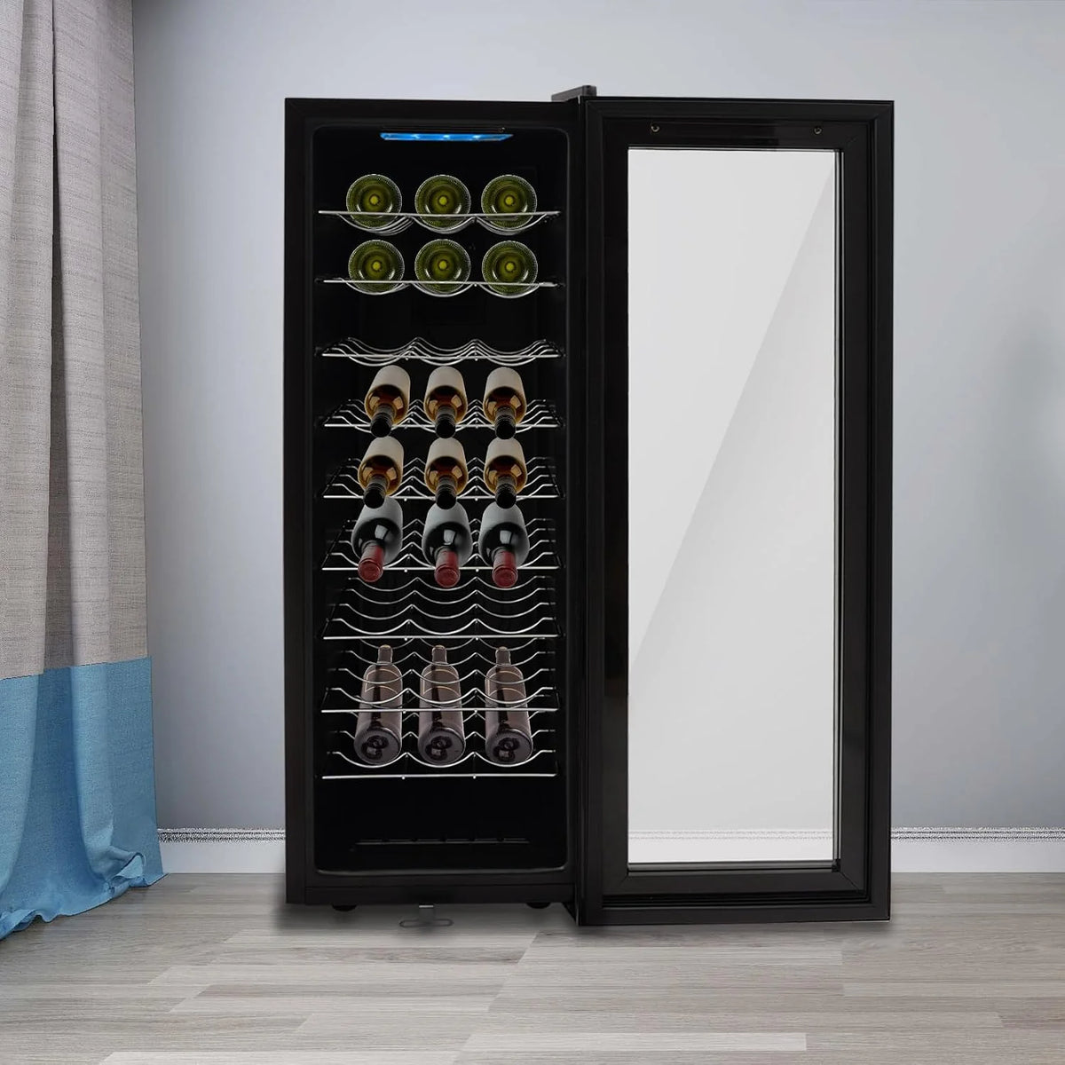 Wolnostojąca lodówka na wino, 9 półek, 76 l, do przechowywania wina w salonach, biurach, kuchniach, barach, 50,5 x 34,5 x 98,5 cm