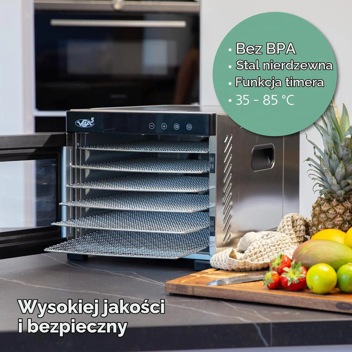 Vita5 Suszarka do Zywności z 7 Tackami ze Stali Nierdzewnej - Elektryczna suszarka do owoców. warzyw i mięsa o mocy 650 W - Timer 24-Godzinny i Regulowana Temperatura 35–75°C
