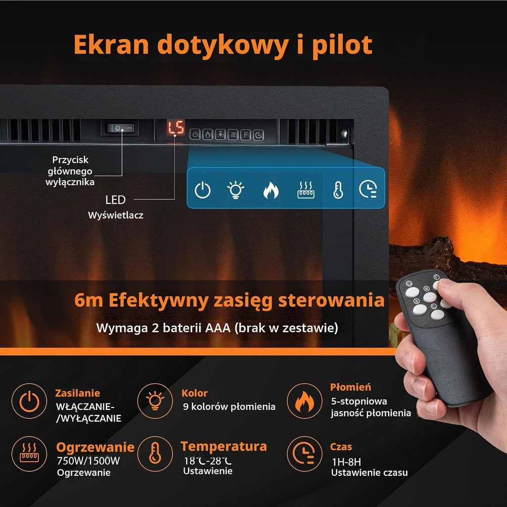 GOPLUS 91 cm kominek elektryczny, elektryczny kominek ścienny z pilotem i ekranem dotykowym, kominek ścienny z 9 kolorami efektów płomieni i 5 ustawialnymi poziomami jasności, 750 W/1500 W funkcja