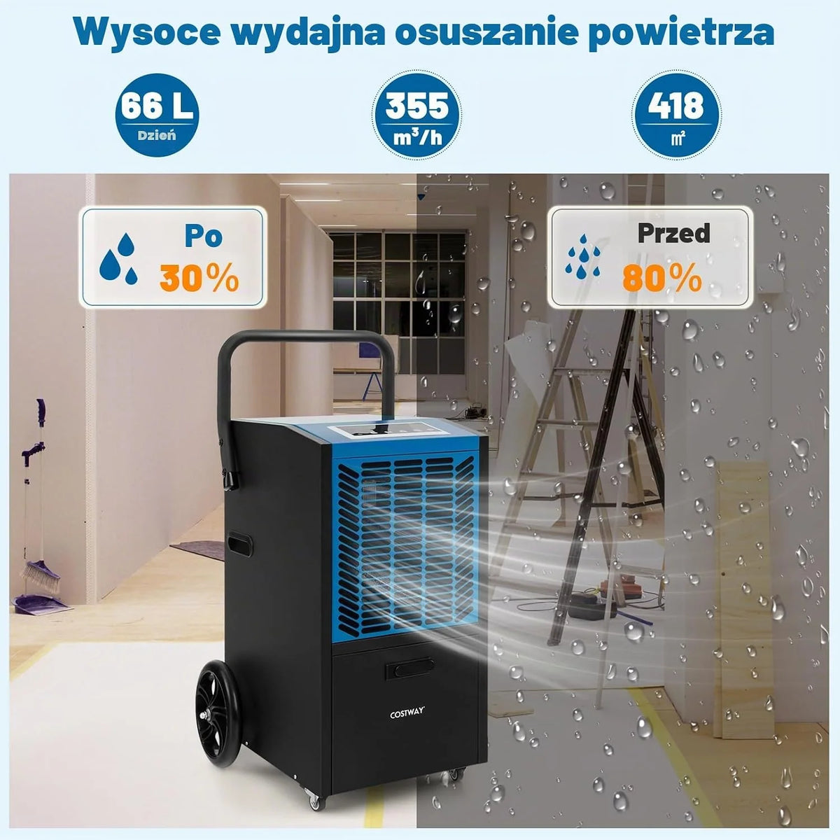 COSTWAY Osuszacz powietrza 66 L/dzień, osuszacz budowlany z pompą i wężem odprowadzającym, urządzenie przemysłowe do suszenia z 24-godzinnym timerem i 4 kołami do piwnicy, magazynu, placu budowy