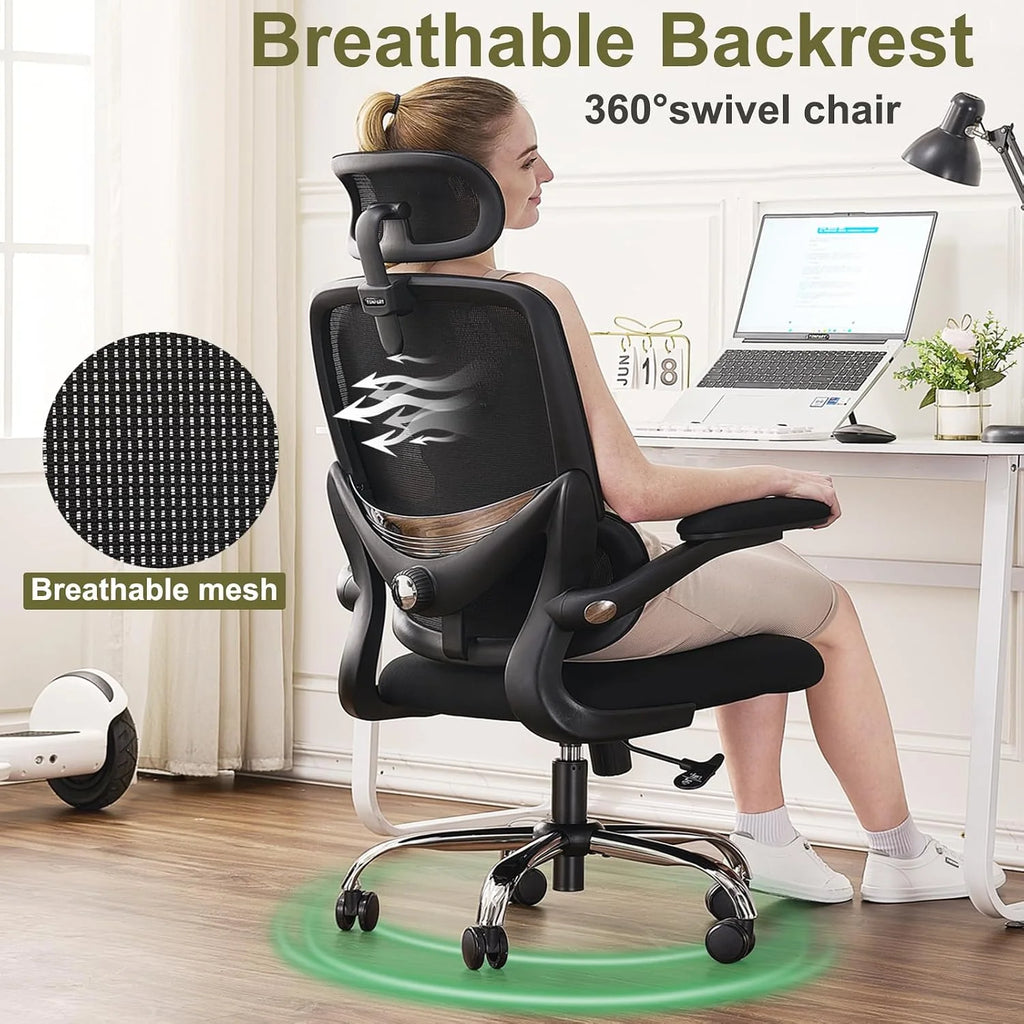 Ergonomiczny fotel do domowego biura z siatkowym wysokim oparciem, regulowanym wsparciem lędźwiowym, podłokietnikami, zagłówkiem,oszczędność miejsca krzesło gamingowe, 150 kg (Czarny)