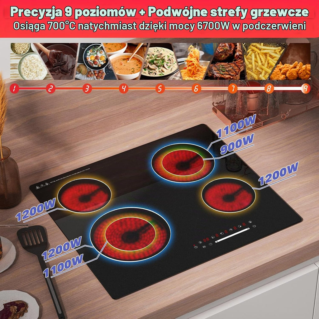 ALEMANIA Płyta ceramiczna 60 cm z 4 polami grzewczymi i podwójną strefą, dotykowym sterowaniem z regulacją mocy, elektryczna płyta grzewcza na podczerwień do zabudowy 6700 W 230 V