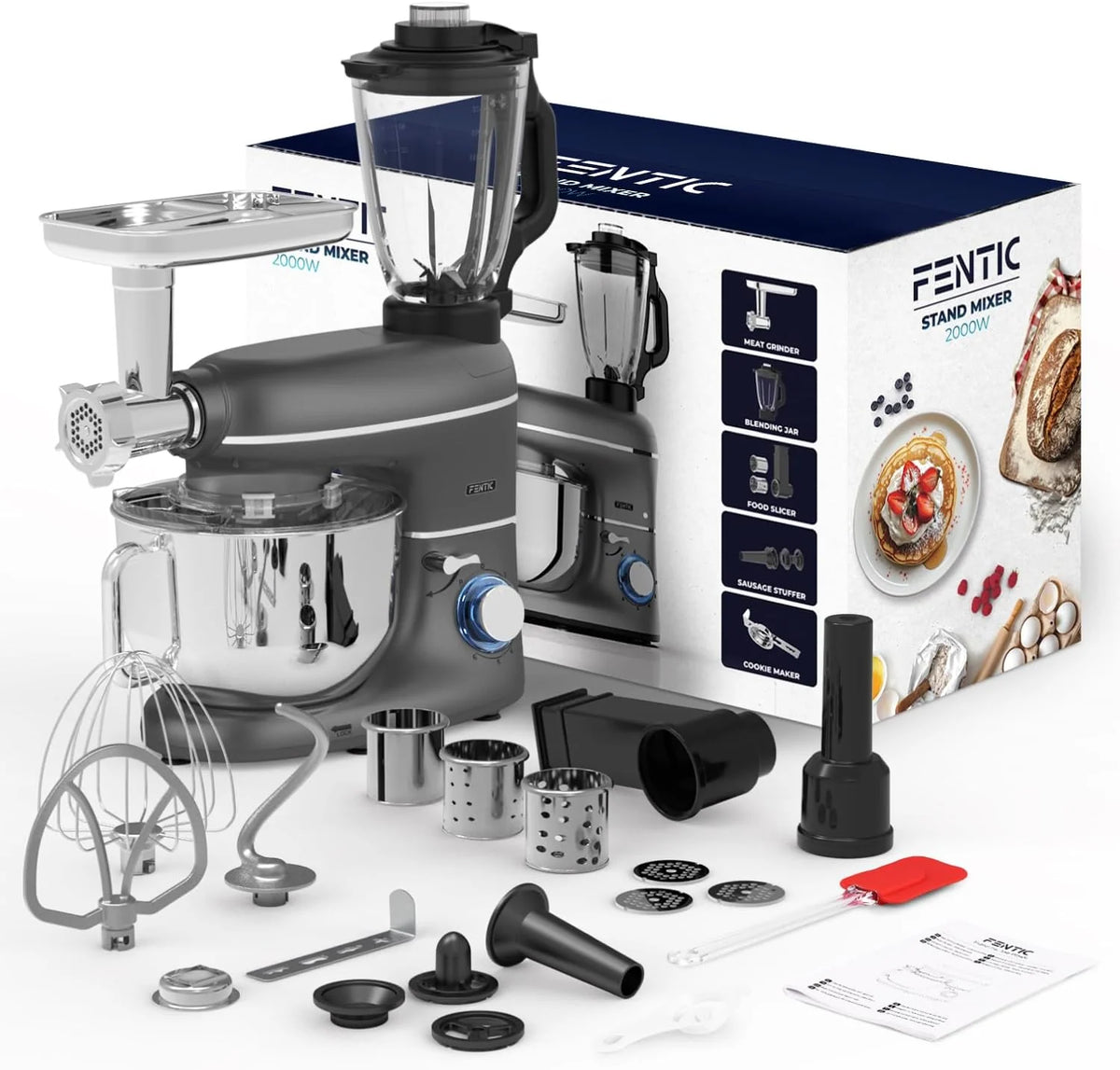 Robot kuchenny 2000 W, robot kuchenny, procesor żywności, miska do mieszania 6,2 l, w zestawie maszynka do mielenia mięsa, blender i dodatkowe akcesoria (Antracytowy)