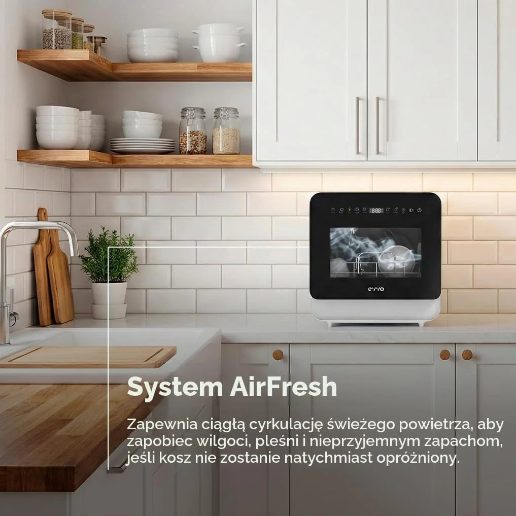 Zmywarka EVVO Mini D Trip 3 - kompaktowa zmywarka na biurku, 3 usługi, klasa energetyczna C, 6 programów, suszenie dodatkowe powietrze świeże, dotykowy panel LED, odroczony start, bez instalacji