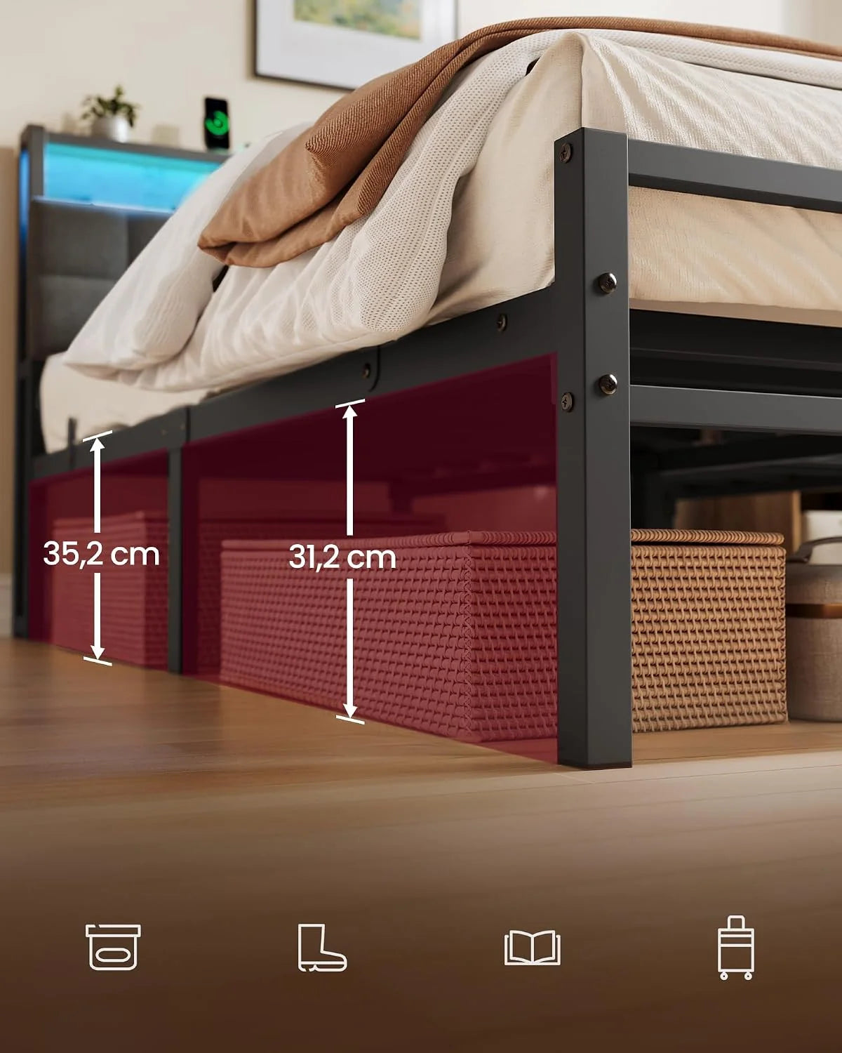 VASAGLE Rama Łóżka z Tapicerowanym Zagłówkiem, Oświetlenie LED, Porty USB