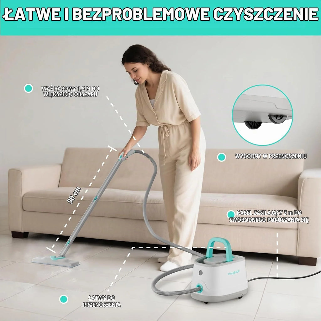 HAUSHOF Myjka parowa 2000 W, ze zbiornikiem 1,5 l, maks. ciśnienie pary 4 ,0 bar, czas nagrzewania 8 min, czas parowania do 30 min, w zestawie 16 akcesoriów i kabel zasilający 3 m, do podłóg, dywanów