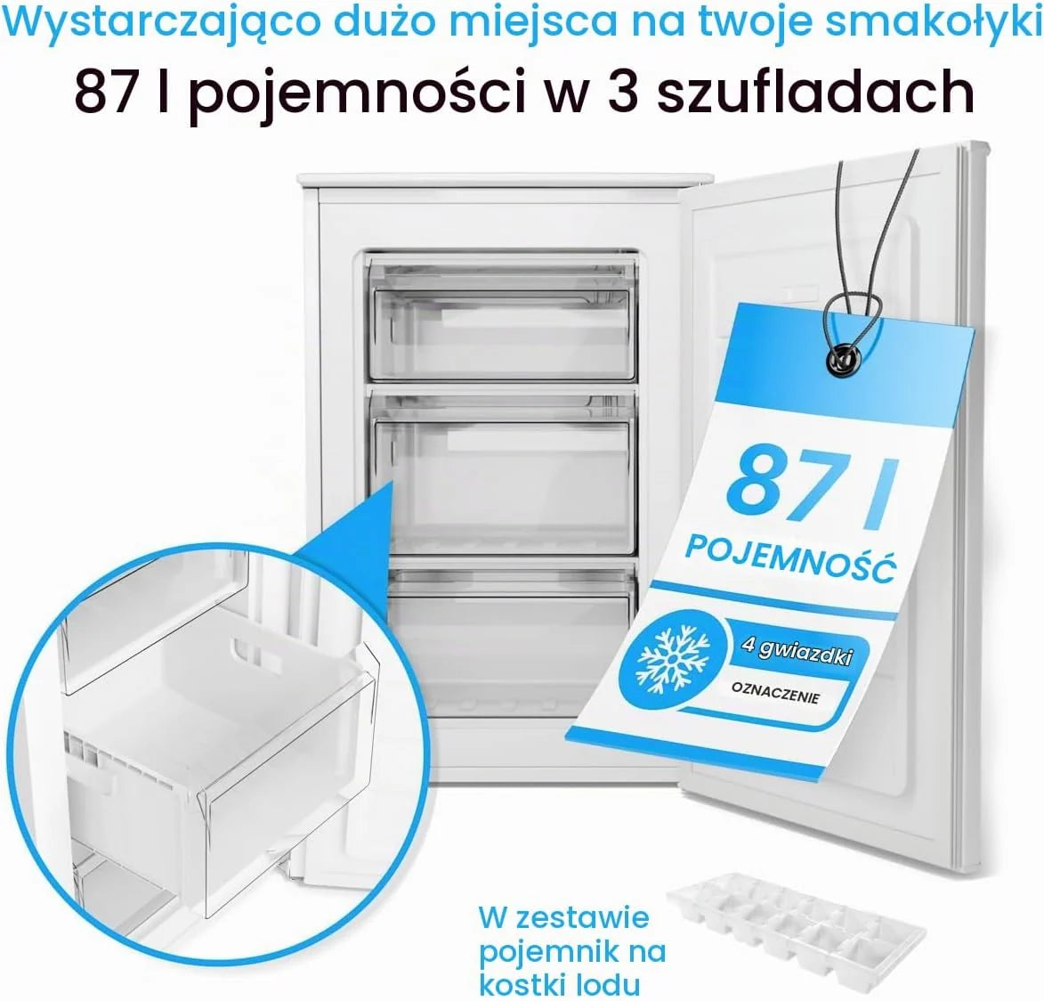 Bomann, Zamrażarka 87L GS7253-Biała 4 gwiazdki, Progresywna kontrola temperatury, 3 szuflady, Tacka na kostki lodu, Dwustronna, Klasa N/ST/T, Idealna do mięs i warzyw, Poziom hałasu 40 dB