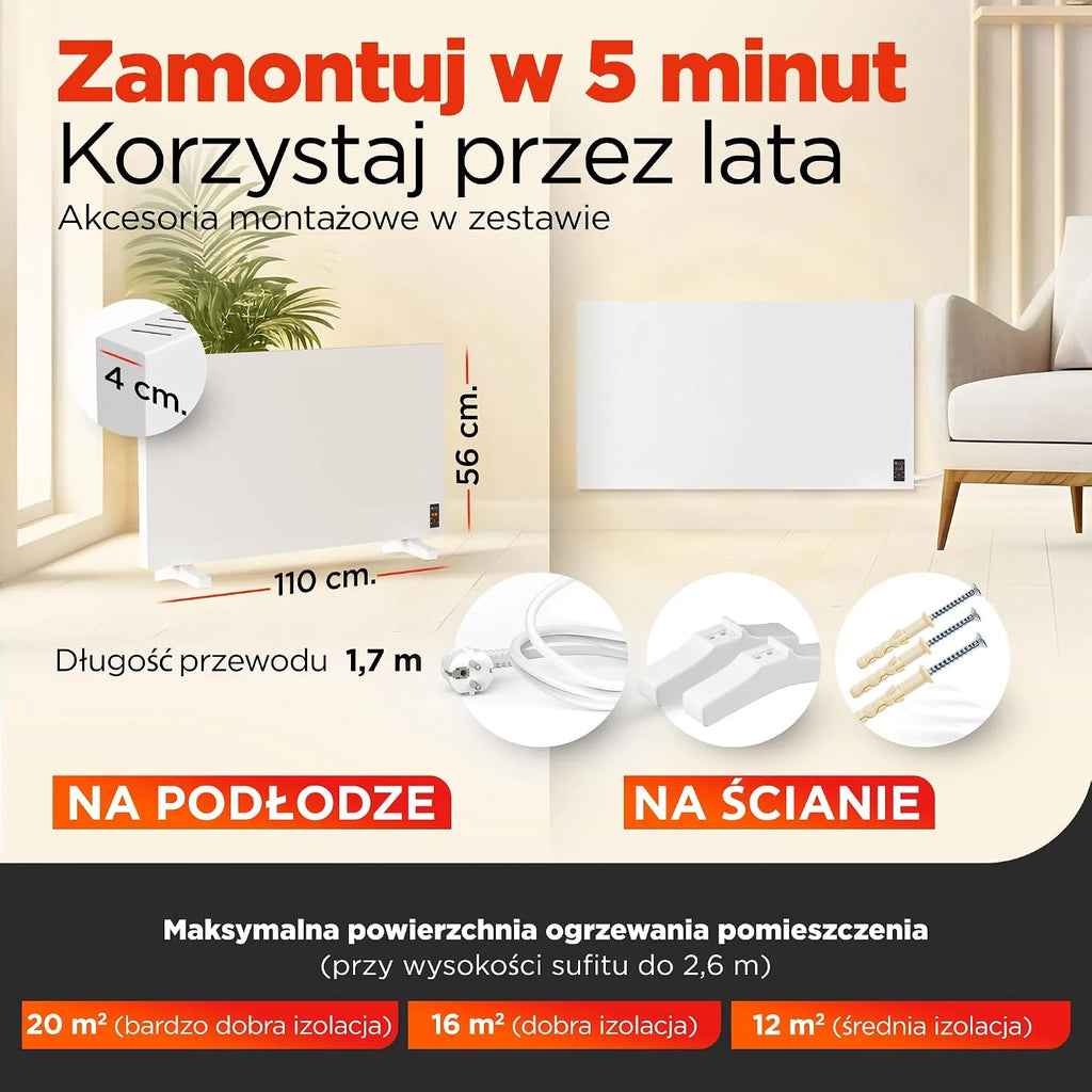 TermoPlaza WiFi Grzejnik na podczerwień z termostatem 750 W do 20 m² | Inteligentny grzejnik ścienny i stojący | Energooszczędny elektryczny grzejnik konwektorowy do pokoju i salonu