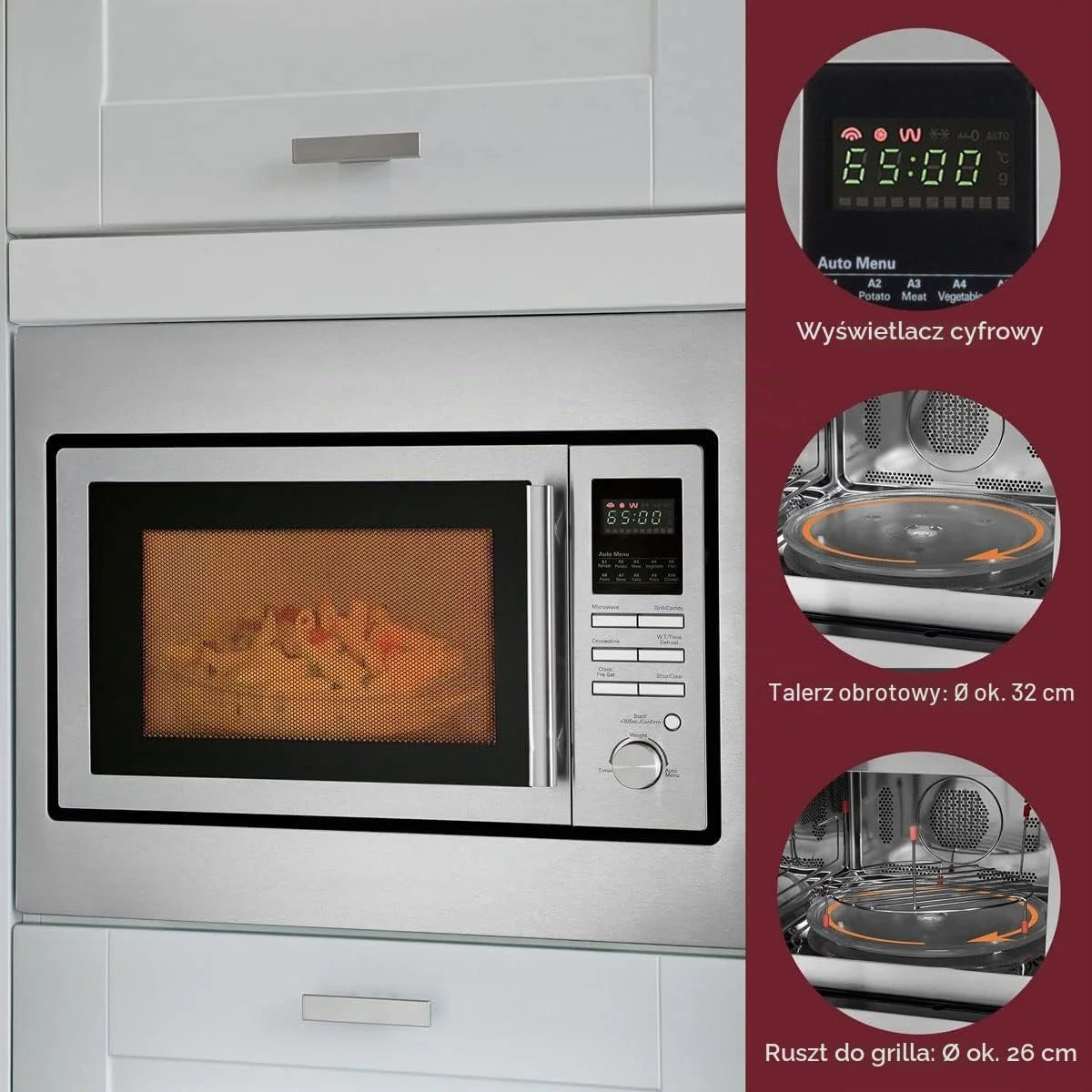 Bomann MWG 2216 H EB kuchenka mikrofalowa do zabudowy z grillem i gorącym powietrzem / 25 litrów / 5 poziomów mocy kuchenki mikrofalowej / 10 programów automatycznych / 2 programy rozmrażania / 1 program szybkiego startu
