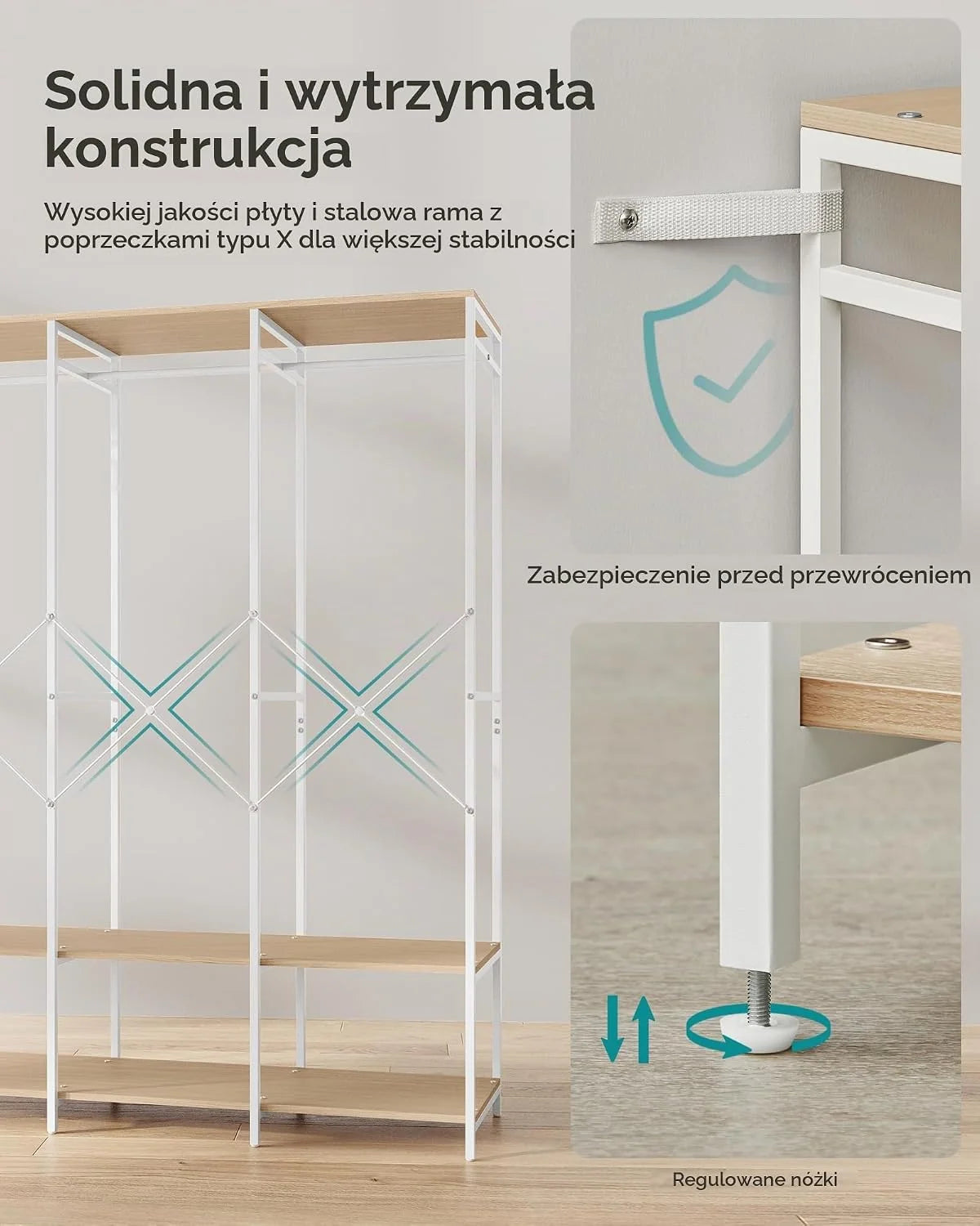 SONGMICS Otwarta szafa ubranie, wieszak do ubrań, z drążkiem, półki, zdejmowane haczyki, 40 x 141 x 180 cm, naturalny beż RGR005W67
