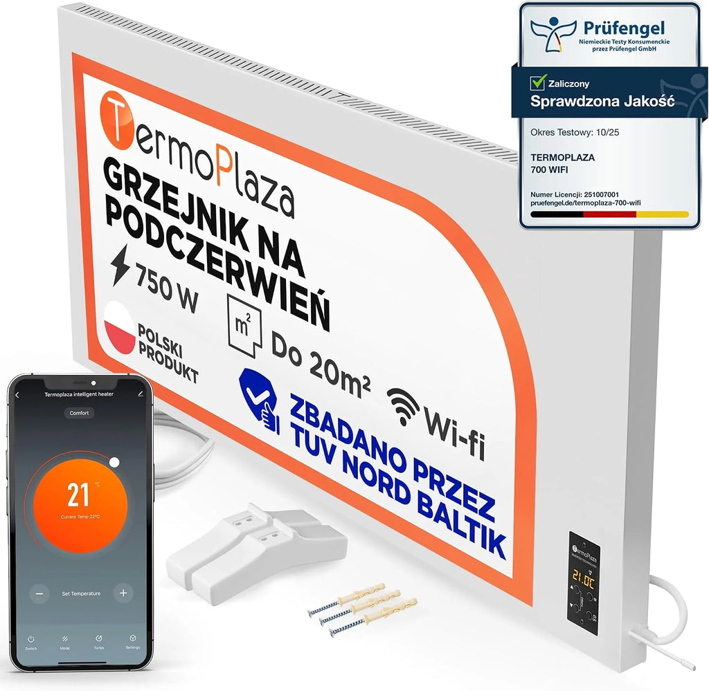 TermoPlaza WiFi Grzejnik na podczerwień z termostatem 750 W do 20 m² | Inteligentny grzejnik ścienny i stojący | Energooszczędny elektryczny grzejnik konwektorowy do pokoju i salonu